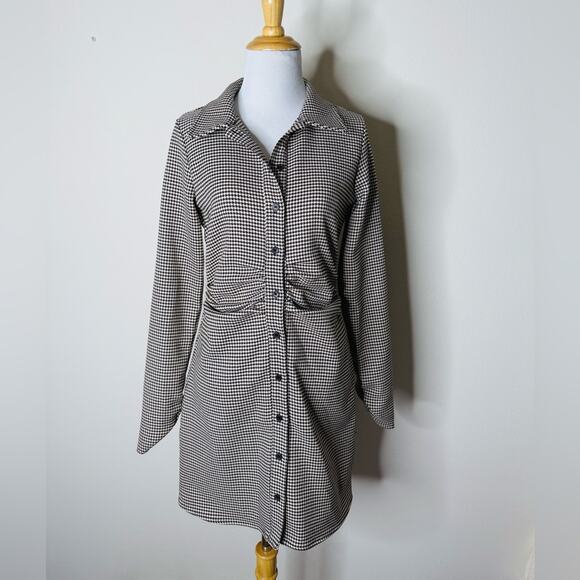 Zara Black and Creme Houndstooth Long Sleeve Mini Dress - Picture 2 of 7